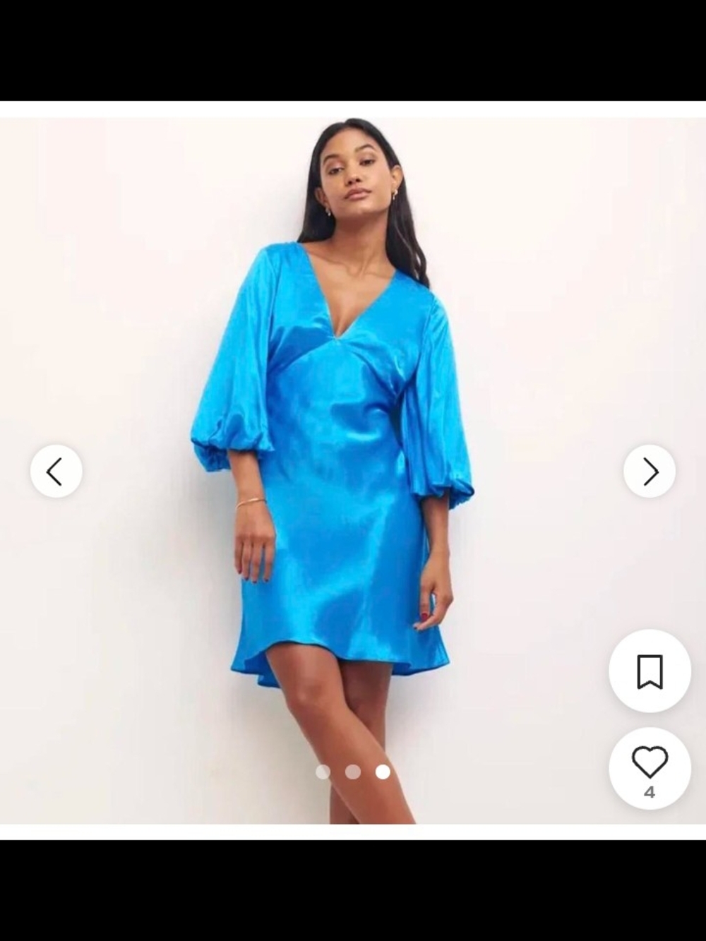 Bright Blue Satin V-Neck Mini Dress with Puff Sleeves
